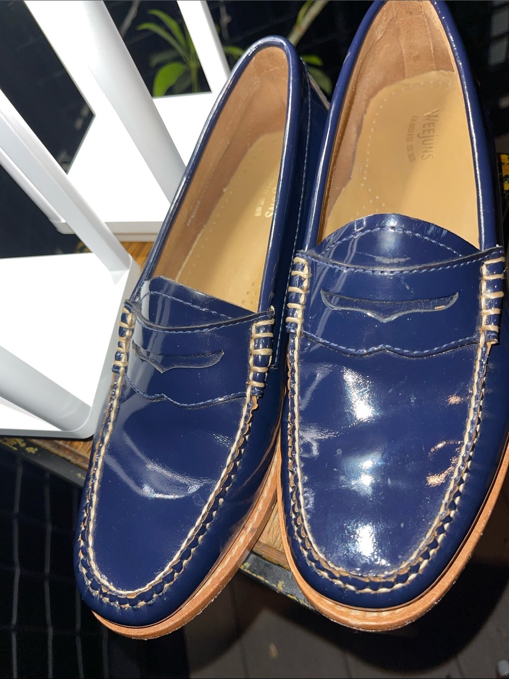Weejuns G.H. Bass &Co Glossy Navy Penny Loafers with Tan Welt